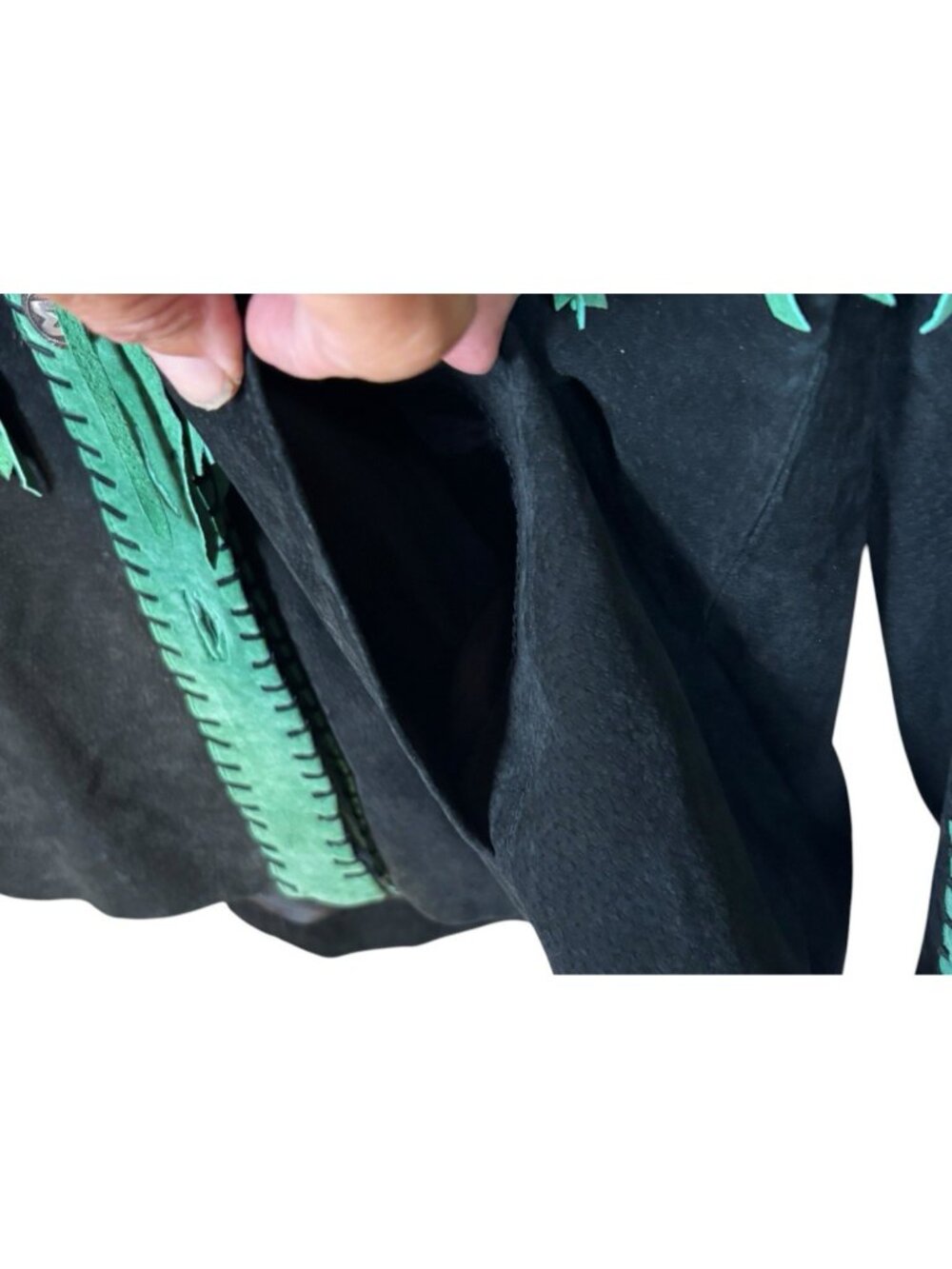 Bob Mackie Jacket Womens XL Green Suede Leather Fringe Western Cowboy Art 90s - Picture 7 of 13